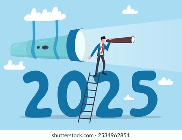 Geschäftsausblick 2025, Prognose oder Zukunftsplan, Vision für den zukünftigen Erfolg. Geschäftsmann klettern auf das Jahr 2025, um Geschäftsaussichten zu sehen.