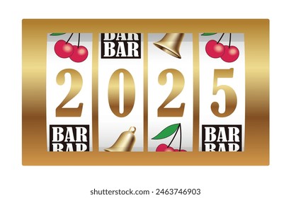 The Year 2025 Calendar Sign Shown On Slot Machine Reels Celebrating New Year. Vector Illustration Isolated On A White Background. 