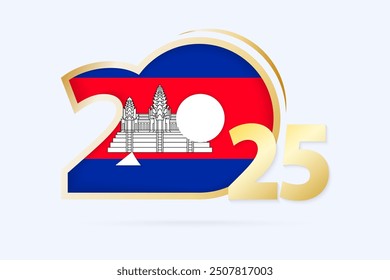 Año 2025 con patrón de bandera de Camboya. Ilustración vectorial.