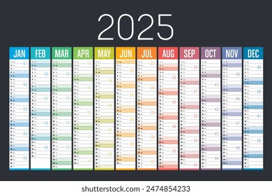 Year 2025 colorful wall calendar on dark background, English language, vector template