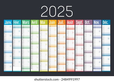 Year 2025 colorful wall calendar on white background, French language, France vector template