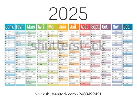 Year 2025 colorful wall calendar on white background, French language, France vector template