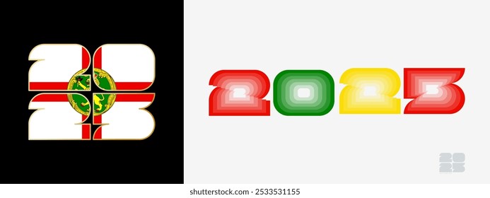 Year 2025 with flag of Alderney and in color palate of Alderney flag. Happy New Year 2025 in two different style. New Year design for Calendar, Posters, Greeting Cards or Election.