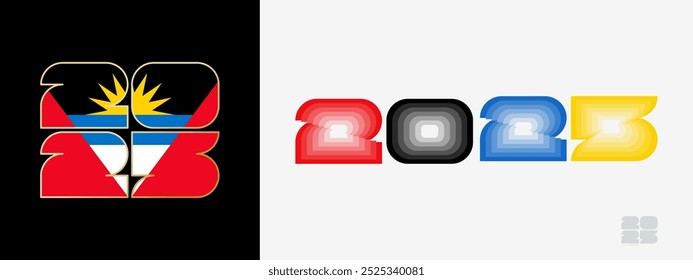 Year 2025 with flag of Antigua and Barbuda and in color palate of Antigua and Barbuda flag. Happy New Year 2025 in two different style. 