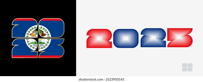 Year 2025 with flag of Belize and in color palate of Belize flag. Happy New Year 2025 in two different style. New Year design for Calendar, Posters, Greeting Cards or Election.