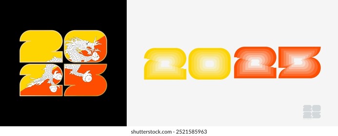 Año 2025 con bandera de Bután y en paladar de colores de bandera de Bután. Feliz año Nuevo 2025 en dos estilos diferentes. Diseño de año Nuevo para Calendario, carteles, tarjetas de felicitación o elecciones.