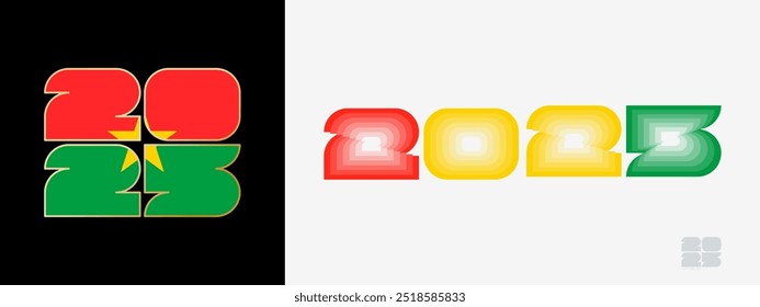 Year 2025 with flag of Burkina Faso and in color palate of Burkina Faso flag. Happy New Year 2025 in two different style. New Year design for Calendar, Posters, Greeting Cards or Election.