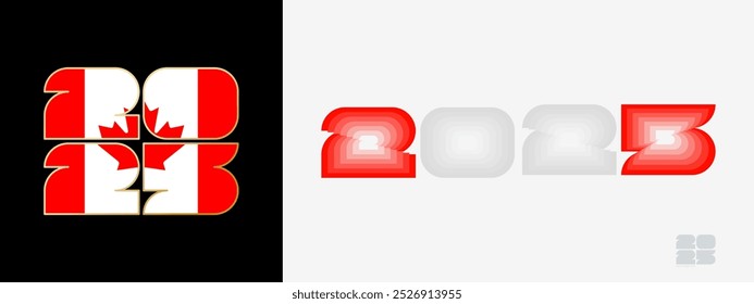 Year 2025 with flag of Canada and in color palate of Canada flag. Happy New Year 2025 in two different style. New Year design for Calendar, Posters, Greeting Cards or Election.