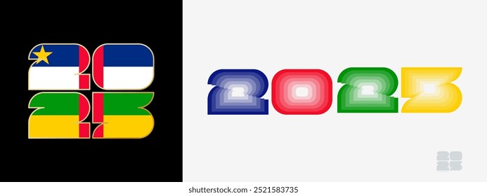 Año 2025 con bandera de República Centroafricana y en paladar de colores de bandera de República Centroafricana. Feliz año Nuevo 2025 en dos estilos diferentes. 
