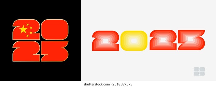 Year 2025 with flag of China and in color palate of China flag. Happy New Year 2025 in two different style. New Year design for Calendar, Posters, Greeting Cards or Election.