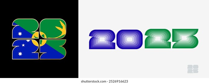 Year 2025 with flag of Christmas Island and in color palate of Christmas Island flag. Happy New Year 2025 in two different style. New Year design for Calendar, Posters, Greeting Cards or Election.