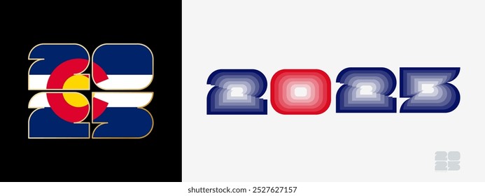 Year 2025 with flag of Colorado and in color palate of Colorado flag. Happy New Year 2025 in two different style. New Year design for Calendar, Posters, Greeting Cards or Election.