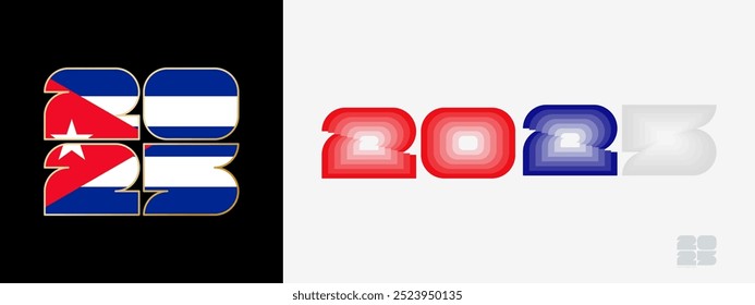 Year 2025 with flag of Cuba and in color palate of Cuba flag. Happy New Year 2025 in two different style. New Year design for Calendar, Posters, Greeting Cards or Election.