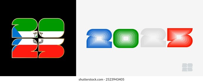 Year 2025 with flag of Equatorial Guinea and in color palate of Equatorial Guinea flag. Happy New Year 2025 in two different style. New Year design for Calendar, Posters, Greeting Cards or Election.