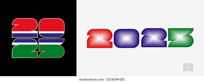 Year 2025 with flag of Gambia and in color palate of Gambia flag. Happy New Year 2025 in two different style. New Year design for Calendar, Posters, Greeting Cards or Election.
