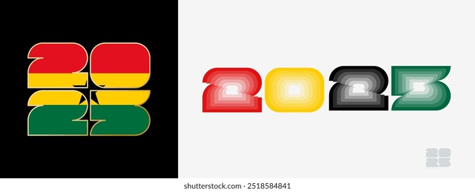 Jahr 2025 mit Flagge von Ghana und in Farbe Gaumen von Ghana Flagge. Frohes neues Jahr 2025 in zwei verschiedenen Stil. Neujahrsdesign für Kalender, Poster, Grußkarten oder Wahlen.