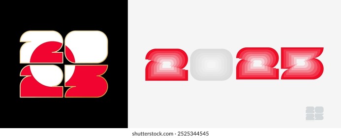 Year 2025 with flag of Greenland and in color palate of Greenland flag. Happy New Year 2025 in two different style. New Year design for Calendar, Posters, Greeting Cards or Election.