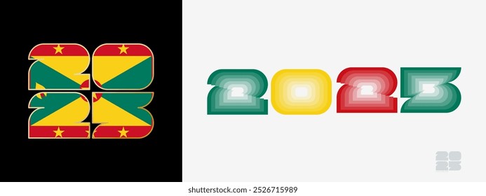 Jahr 2025 mit Flagge von Grenada und in Farbe Gaumen von Grenada Flagge. Frohes neues Jahr 2025 in zwei verschiedenen Stil. Neujahrsdesign für Kalender, Poster, Grußkarten oder Wahlen.