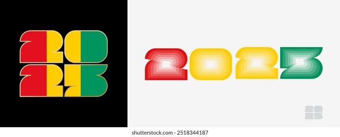 Año 2025 con bandera de Guinea y en paladar de color de bandera de Guinea. Feliz año Nuevo 2025 en dos estilos diferentes. Diseño de año Nuevo para Calendario, carteles, tarjetas de felicitación o elecciones.