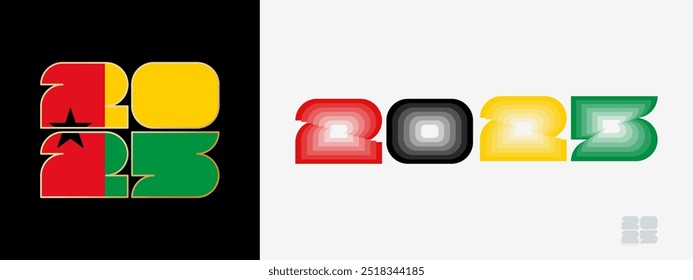 Año 2025 con bandera de Guinea-Bissau y en paladar de colores de bandera de Guinea-Bissau. Feliz año Nuevo 2025 en dos estilos diferentes. Diseño de año Nuevo para Calendario, carteles, tarjetas de felicitación o elecciones.