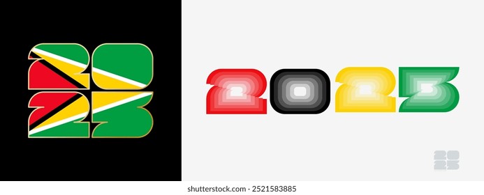 Year 2025 with flag of Guyana and in color palate of Guyana flag. Happy New Year 2025 in two different style. New Year design for Calendar, Posters, Greeting Cards or Election.