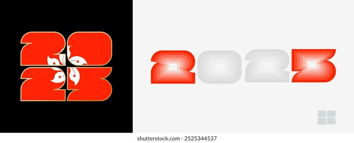Year 2025 with flag of Hong Kong and in color palate of Hong Kong flag. Happy New Year 2025 in two different style. New Year design for Calendar, Posters, Greeting Cards or Election.