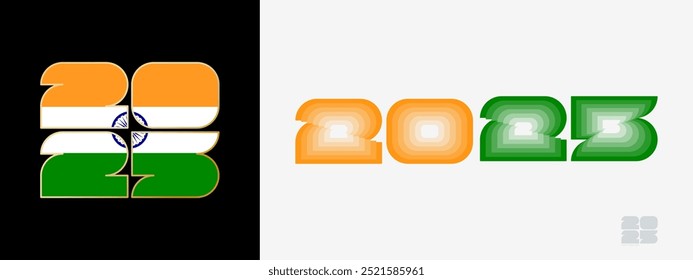 Ano 2025 com bandeira da Índia e em cor palato da bandeira da Índia. Feliz Ano Novo 2025 em dois estilos diferentes. Projeto de Ano Novo para Calendário, Cartazes, Cartões de Mensagens ou Eleição.