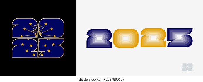 Year 2025 with flag of Indiana and in color palate of Indiana flag. Happy New Year 2025 in two different style. New Year design for Calendar, Posters, Greeting Cards or Election.