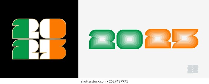 Ano de 2025 com bandeira da Irlanda e em cor de palato da bandeira da Irlanda. Feliz Ano Novo 2025 em dois estilos diferentes. Projeto de Ano Novo para Calendário, Cartazes, Cartões de Mensagens ou Eleição.