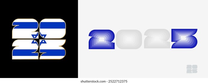 Year 2025 with flag of Israel and in color palate of Israel flag. Happy New Year 2025 in two different style. New Year design for Calendar, Posters, Greeting Cards or Election.