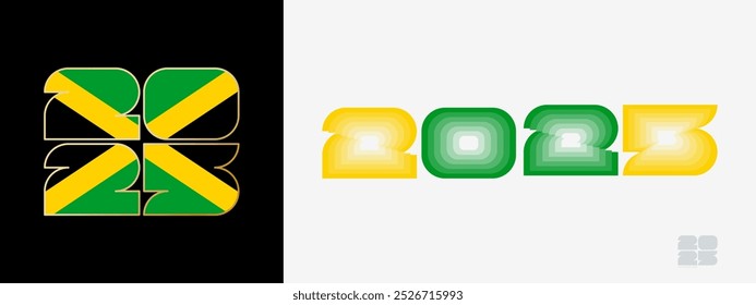 Año 2025 con bandera de Jamaica y en paladar de colores de bandera de Jamaica. Feliz año Nuevo 2025 en dos estilos diferentes. Diseño de año Nuevo para Calendario, carteles, tarjetas de felicitación o elecciones.