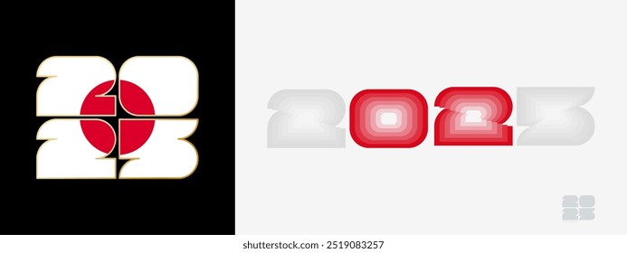 Year 2025 with flag of Japan and in color palate of Japan flag. Happy New Year 2025 in two different style. New Year design for Calendar, Posters, Greeting Cards or Election.