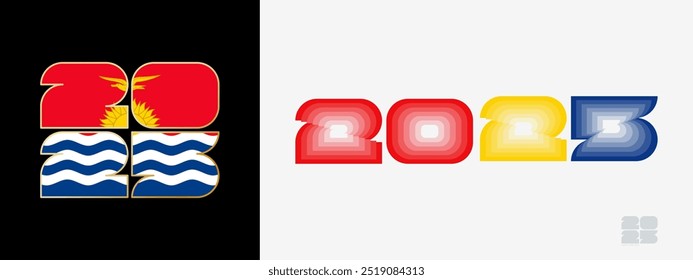 Jahr 2025 mit Flagge von Kiribati und in Farbe Gaumen von Kiribati Flagge. Frohes neues Jahr 2025 in zwei verschiedenen Stil. Neujahrsdesign für Kalender, Poster, Grußkarten oder Wahlen.