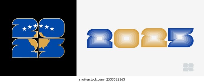 Year 2025 with flag of Kosovo and in color palate of Kosovo flag. Happy New Year 2025 in two different style. New Year design for Calendar, Posters, Greeting Cards or Election.