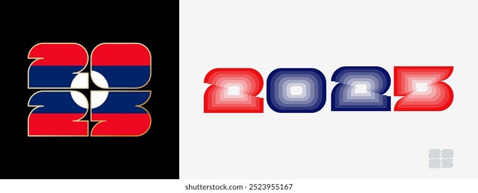 Año 2025 con bandera de Laos y en paladar de colores de la bandera de Laos. Feliz año Nuevo 2025 en dos estilos diferentes. Diseño de año Nuevo para Calendario, carteles, tarjetas de felicitación o elecciones.