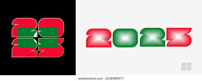 Year 2025 with flag of Maldives and in color palate of Maldives flag. Happy New Year 2025 in two different style. New Year design for Calendar, Posters, Greeting Cards or Election.