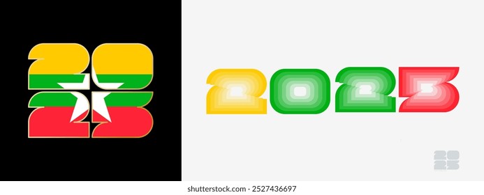 Year 2025 with flag of Myanmar and in color palate of Myanmar flag. Happy New Year 2025 in two different style. New Year design for Calendar, Posters, Greeting Cards or Election.