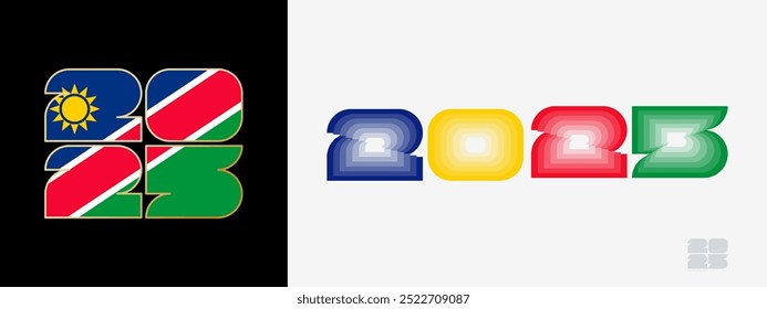 Year 2025 with flag of Namibia and in color palate of Namibia flag. Happy New Year 2025 in two different style. New Year design for Calendar, Posters, Greeting Cards or Election.