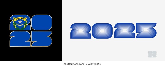 Year 2025 with flag of Nevada and in color palate of Nevada flag. Happy New Year 2025 in two different style. New Year design for Calendar, Posters, Greeting Cards or Election.