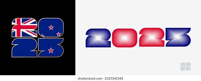 Año 2025 con bandera de la Nueva Zelanda y en paladar de colores de la bandera de la Nueva Zelanda. Feliz año Nuevo 2025 en dos estilos diferentes. Diseño de año Nuevo para Calendario, carteles, tarjetas de felicitación o elecciones.