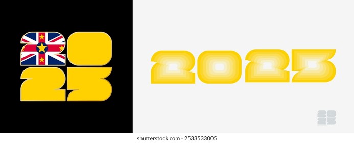 Year 2025 with flag of Niue and in color palate of Niue flag. Happy New Year 2025 in two different style. New Year design for Calendar, Posters, Greeting Cards or Election.