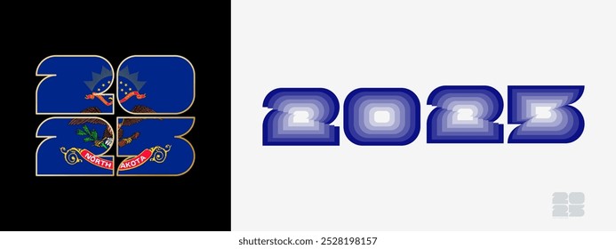 Year 2025 with flag of North Dakota and in color palate of North Dakota flag. Happy New Year 2025 in two different style. New Year design for Calendar, Posters, Greeting Cards or Election.