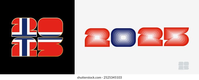 Año 2025 con bandera de Noruega y en paladar de colores de bandera de Noruega. Feliz año Nuevo 2025 en dos estilos diferentes. Diseño de año Nuevo para Calendario, carteles, tarjetas de felicitación o elecciones.