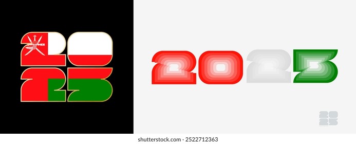 Year 2025 with flag of Oman and in color palate of Oman flag. Happy New Year 2025 in two different style. New Year design for Calendar, Posters, Greeting Cards or Election.