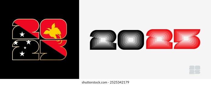 Year 2025 with flag of Papua New Guinea and in color palate of Papua New Guinea flag. Happy New Year 2025 in two different style. New Year design for Calendar, Posters, Greeting Cards or Election.