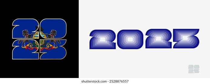 Año 2025 con bandera de Pensilvania y en paladar de colores de la bandera de Pensilvania. Feliz año Nuevo 2025 en dos estilos diferentes. Diseño de año Nuevo para Calendario, carteles, tarjetas de felicitación o elecciones.