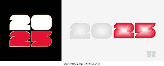 Ano 2025 com bandeira da Polônia e em cor palatina da bandeira da Polônia. Feliz Ano Novo 2025 em dois estilos diferentes. Projeto de Ano Novo para Calendário, Cartazes, Cartões de Mensagens ou Eleição.