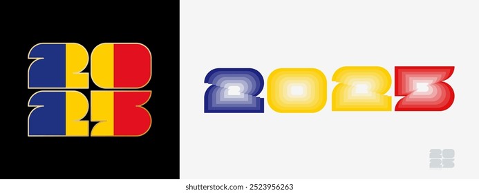 Año 2025 con bandera de Rumania y en paladar de colores de la bandera de Rumania. Feliz año Nuevo 2025 en dos estilos diferentes. Diseño de año Nuevo para Calendario, carteles, tarjetas de felicitación o elecciones.