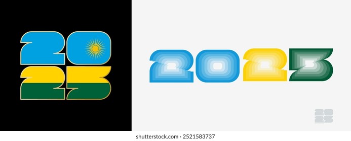 Año 2025 con bandera de Ruanda y en paladar de colores de la bandera de Ruanda. Feliz año Nuevo 2025 en dos estilos diferentes. Diseño de año Nuevo para Calendario, carteles, tarjetas de felicitación o elecciones.