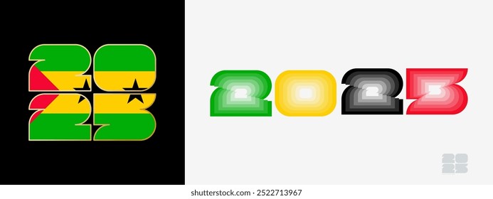 Year 2025 with flag of Sao Tome and Principe and in color palate of Sao Tome and Principe flag. Happy New Year 2025 in two different style. 